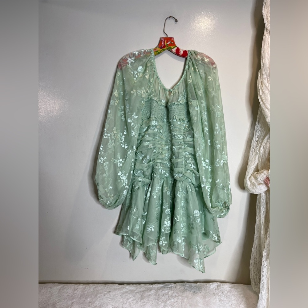 For Love & Lemons Breanne Ruched Tiered Sheer Long Puff Sleeve Mini Dress L - Picture 9 of 9